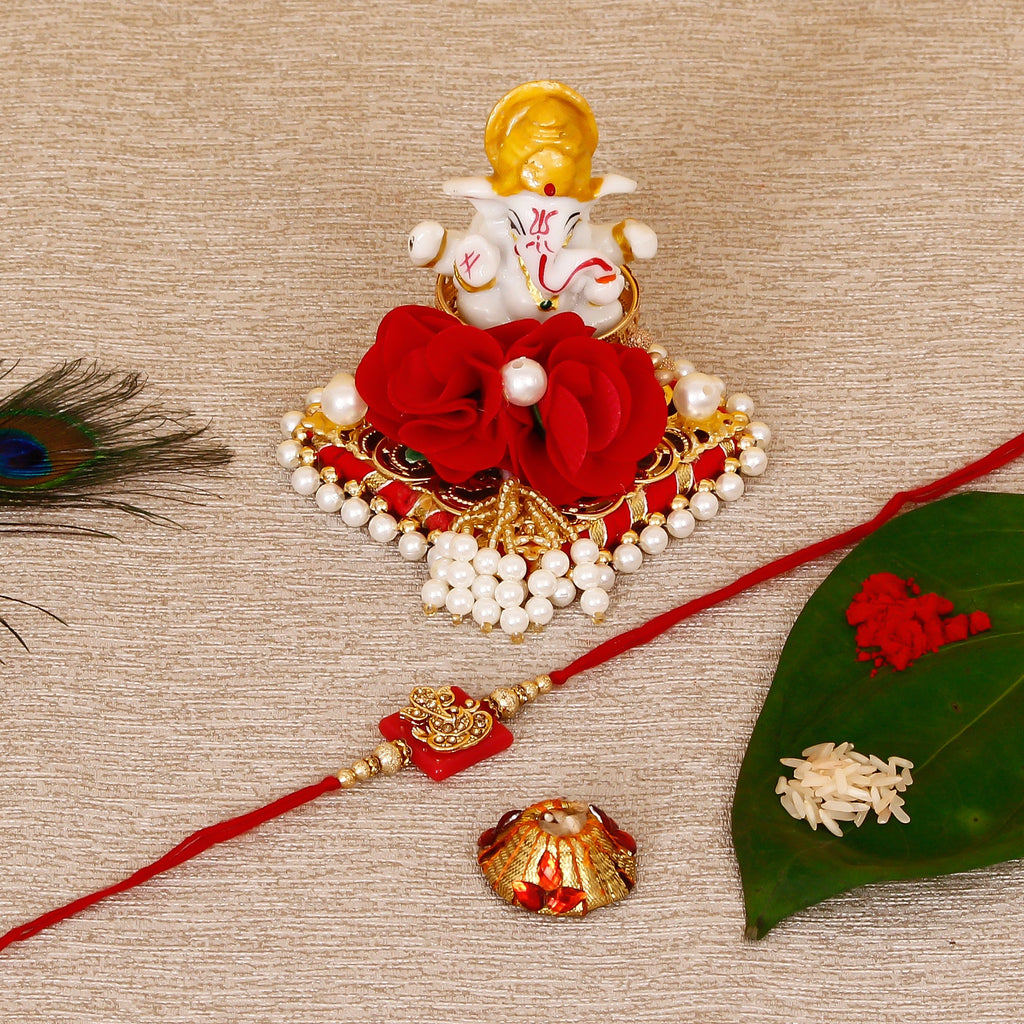 Designer Religious Ganesha Rakhi with Lord Ganesha Idol on Decorative Plate for Car & Home and Roli Tikka Matki Kafalo