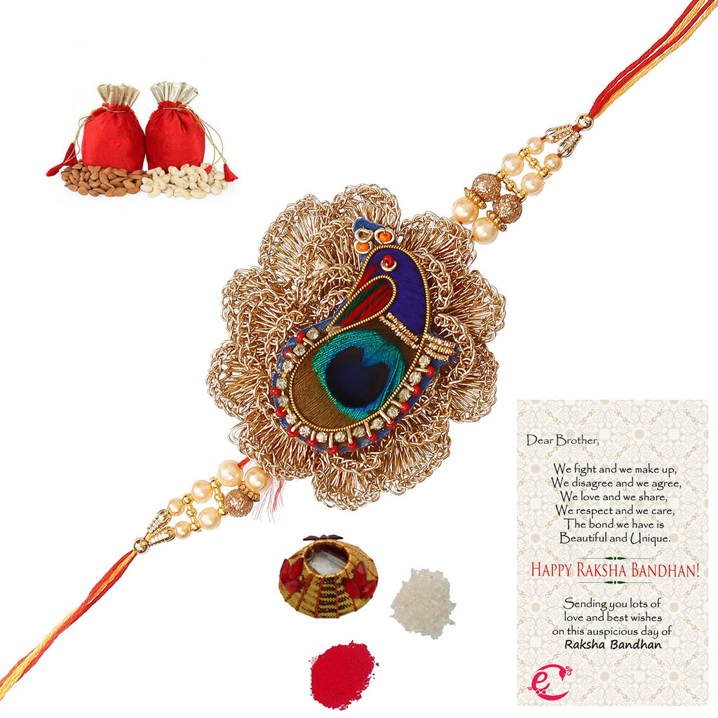 Designer Peacock Rakhi with Badam and Cashew (200 gm each, total 400 gm) and Roli Tikka Matki, Best Wishes Greeting Card Kafalo