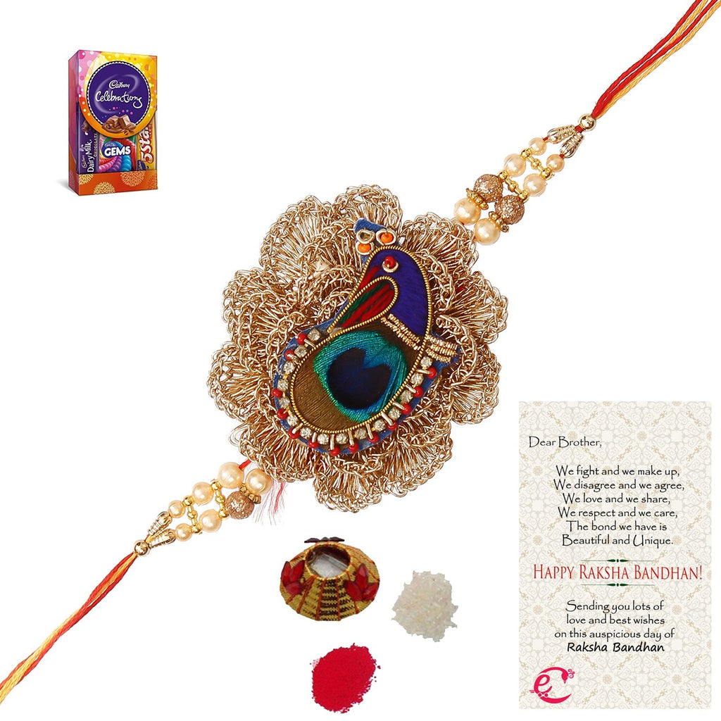 Designer Peacock Rakhi with Cadbury Celebrations Gift Pack of 5 Assorted Chocolates and Roli Tikka Matki, Best Wishes Greeting Card Kafalo