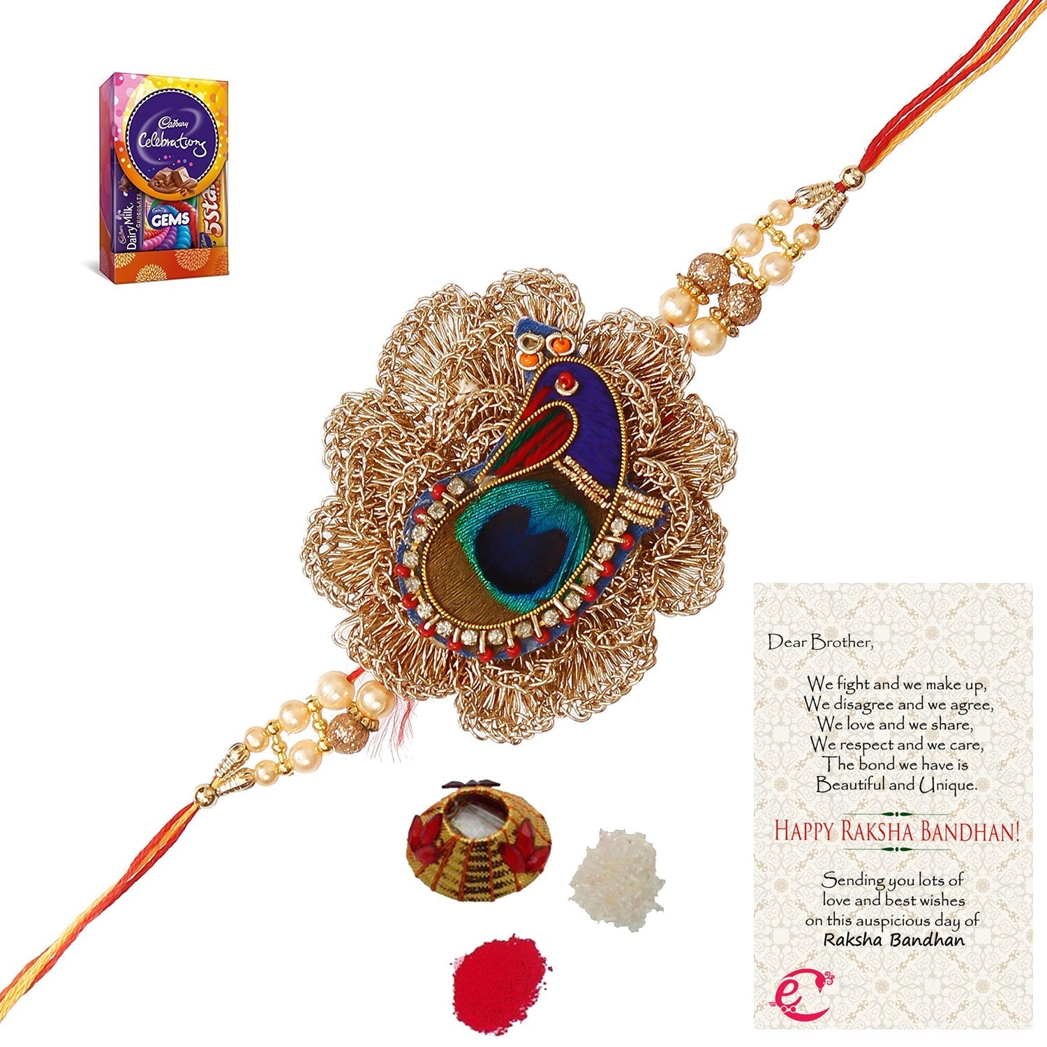 Designer Peacock Rakhi with Cadbury Celebrations Gift Pack of 5 Assorted Chocolates and Roli Tikka Matki, Best Wishes Greeting Card Kafalo