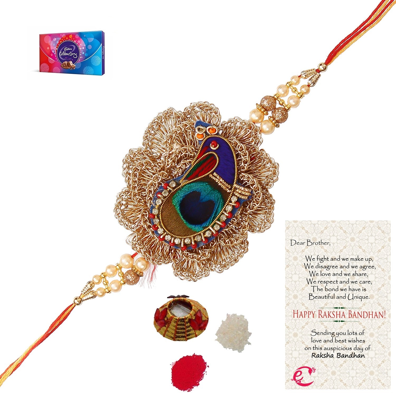 Designer Peacock Rakhi with Cadbury Celebrations Gift Pack of 7 Assorted Chocolates and Roli Tikka Matki, Best Wishes Greeting Card Kafalo