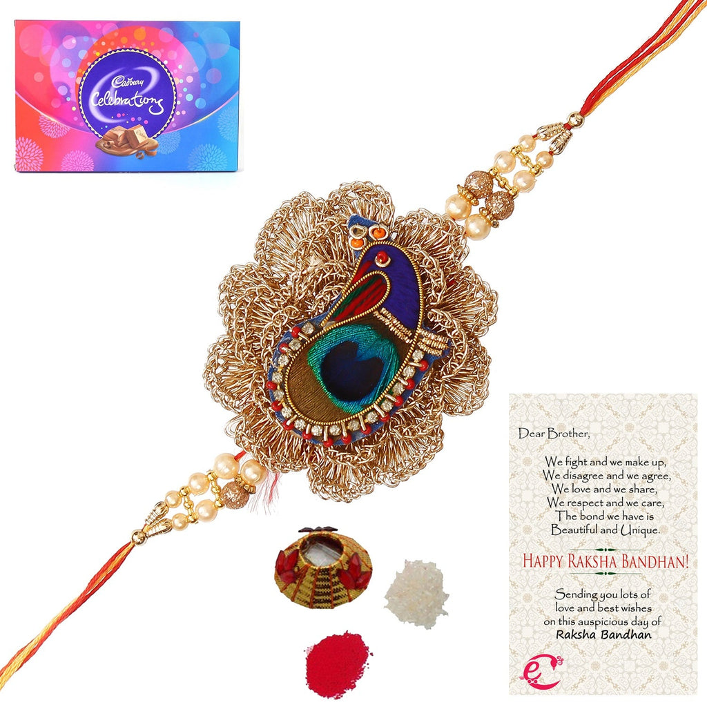 Designer Peacock Rakhi with Cadbury Celebrations Gift Pack of 11 Assorted Chocolates and Roli Tikka Matki, Best Wishes Greeting Card Kafalo