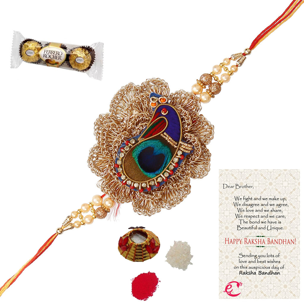 Designer Peacock Rakhi with Ferrero Rocher (3 pcs) and Roli Tikka Matki, Best Wishes Greeting Card Kafalo