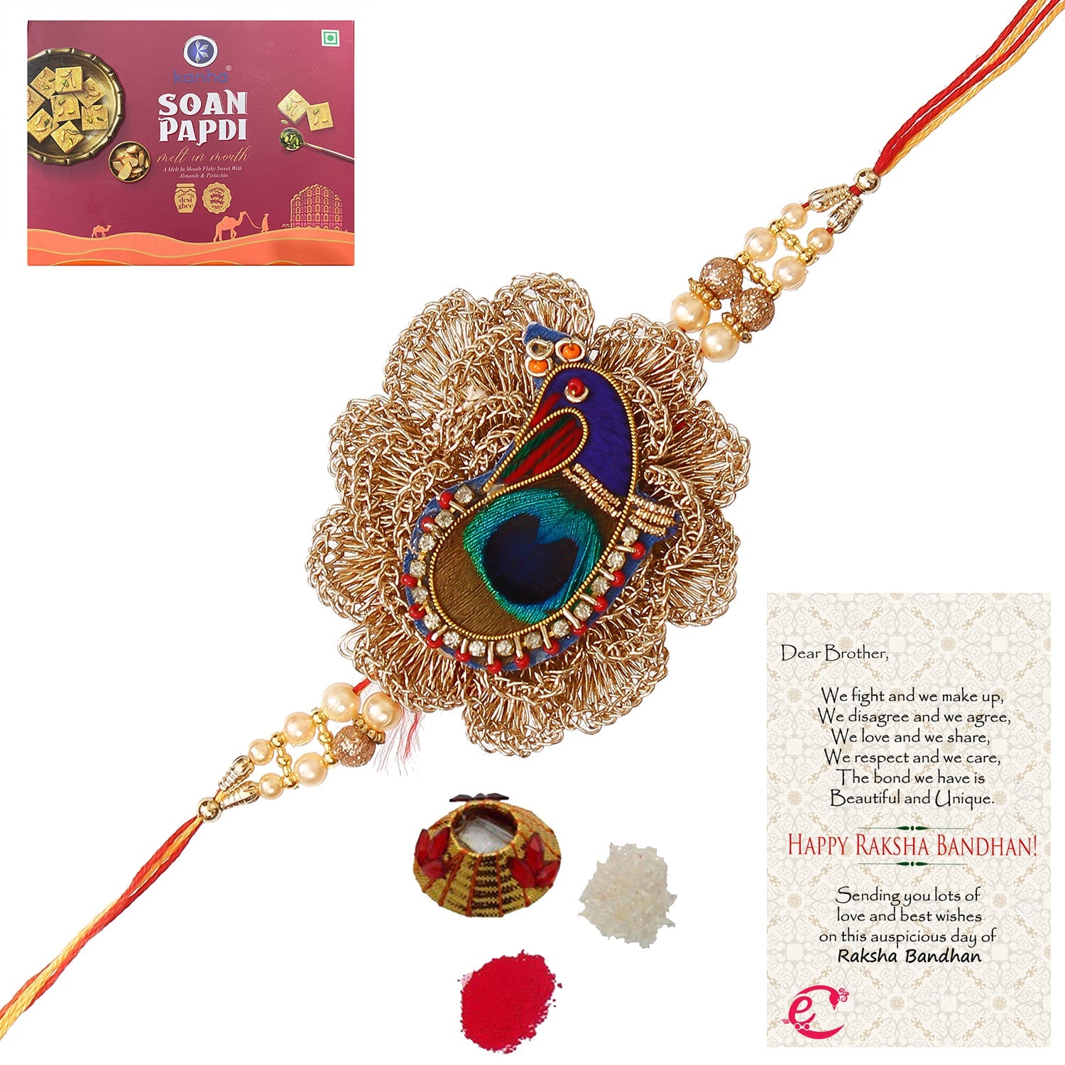 Designer Peacock Rakhi with Soan Papdi (500 Gm) and Roli Tikka Matki, Best Wishes Greeting Card Kafalo