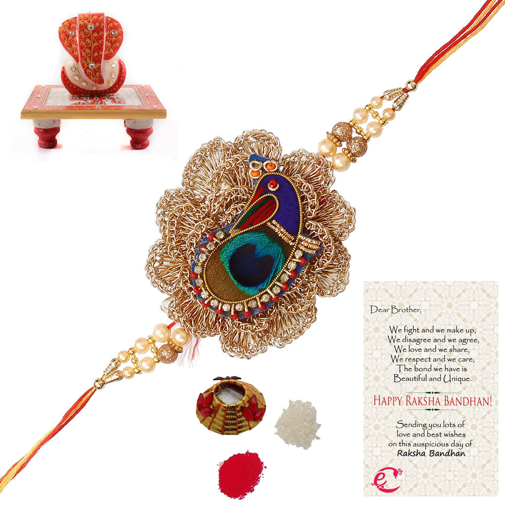 Designer Peacock Rakhi with Ridhi Sidhi Marble chowki and Roli Tikka Matki, Best Wishes Greeting Card Kafalo