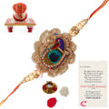 Designer Peacock Rakhi with Ridhi Sidhi Marble chowki and Roli Tikka Matki, Best Wishes Greeting Card Kafalo