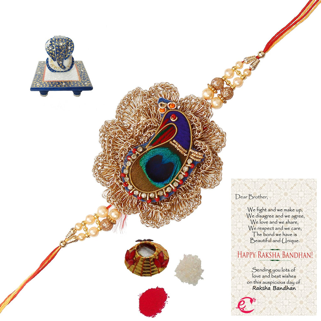 Designer Peacock Rakhi with Lord Ganesha Marble Chowki and Roli Tikka Matki, Best Wishes Greeting Card Kafalo