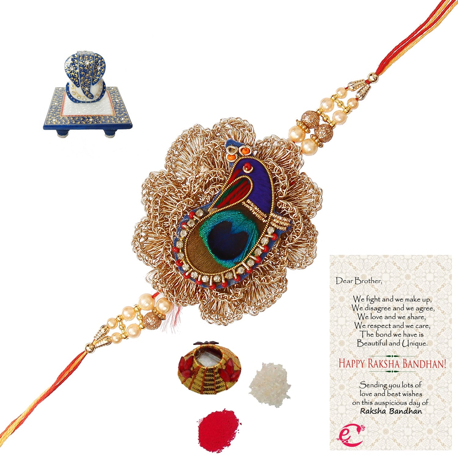 Designer Peacock Rakhi with Lord Ganesha Marble Chowki and Roli Tikka Matki, Best Wishes Greeting Card Kafalo