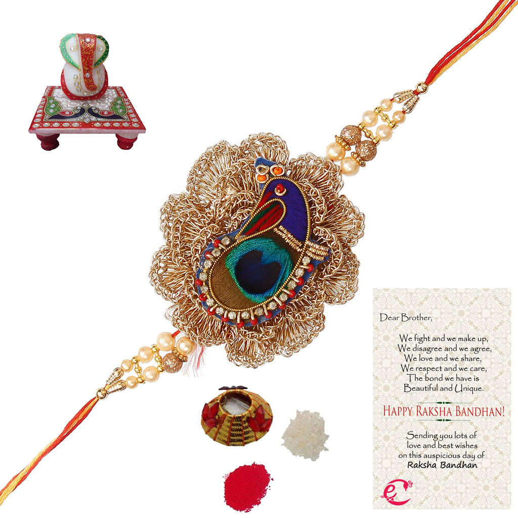 Designer Peacock Rakhi with Lord Ganesha Marble Chowki and Roli Tikka Matki, Best Wishes Greeting Card Kafalo
