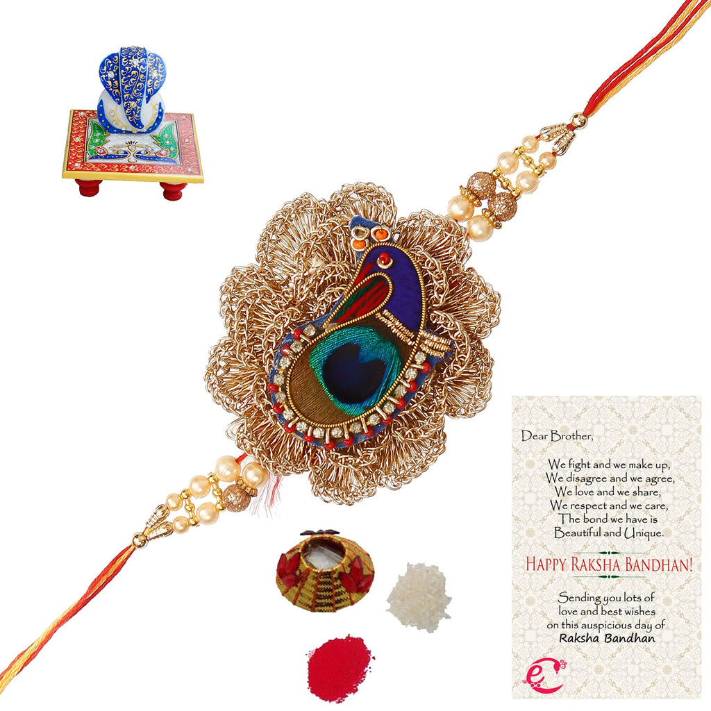 Designer Peacock Rakhi with Lord Ganesha on Marble Chowki and Roli Tikka Matki, Best Wishes Greeting Card Kafalo