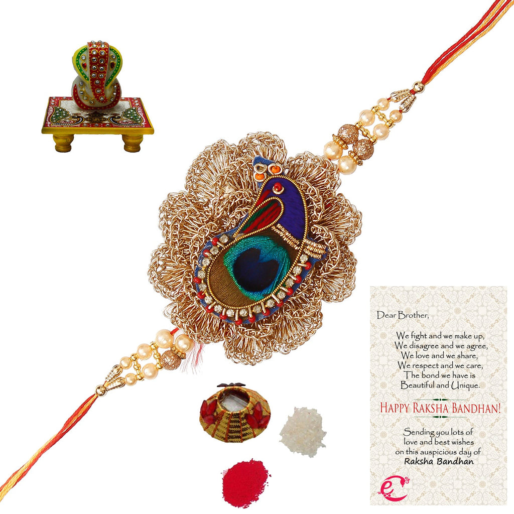 Designer Peacock Rakhi with Lord Ganesha on Marble Chowki and Roli Tikka Matki, Best Wishes Greeting Card Kafalo
