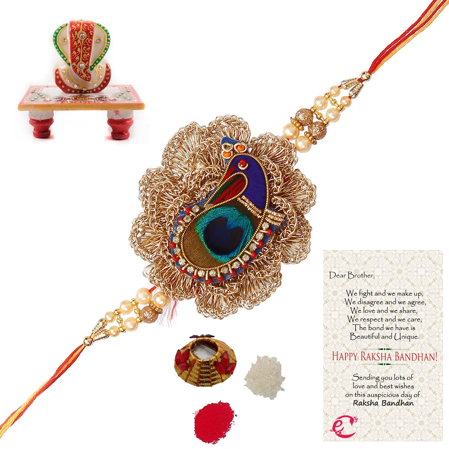 Designer Peacock Rakhi with Lord Ganesha Marble Chowki and Roli Tikka Matki, Best Wishes Greeting Card Kafalo