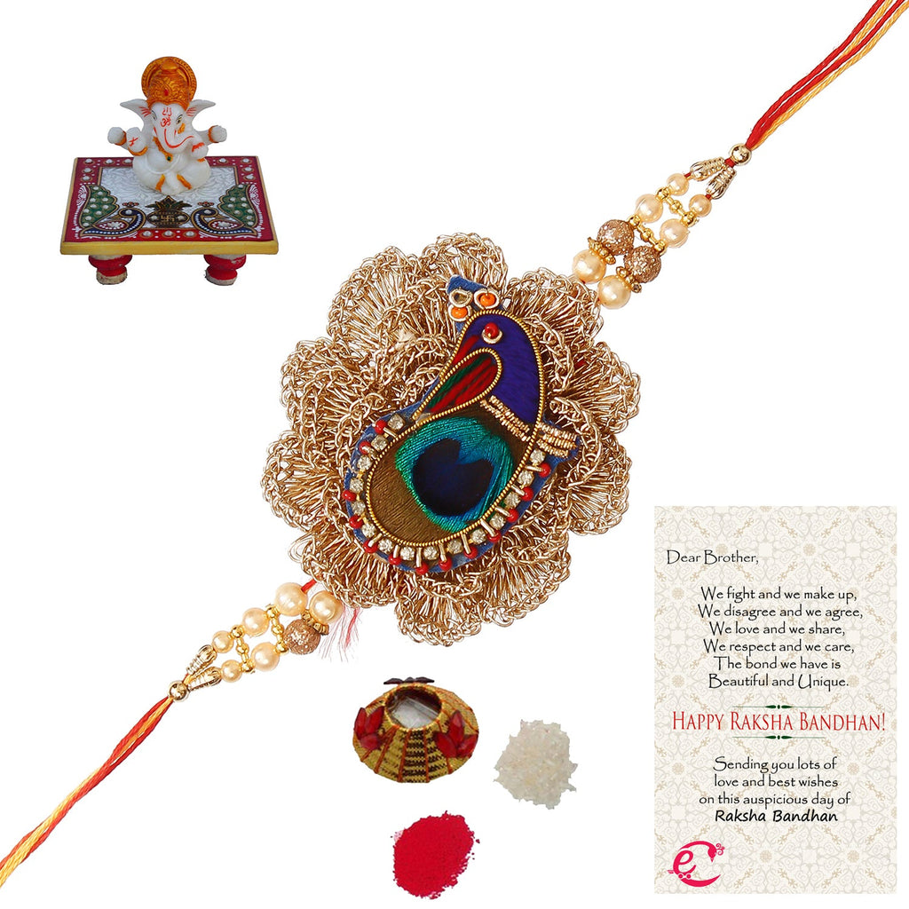 Designer Peacock Rakhi with Lord Ganesha Marble Chowki and Roli Tikka Matki, Best Wishes Greeting Card Kafalo