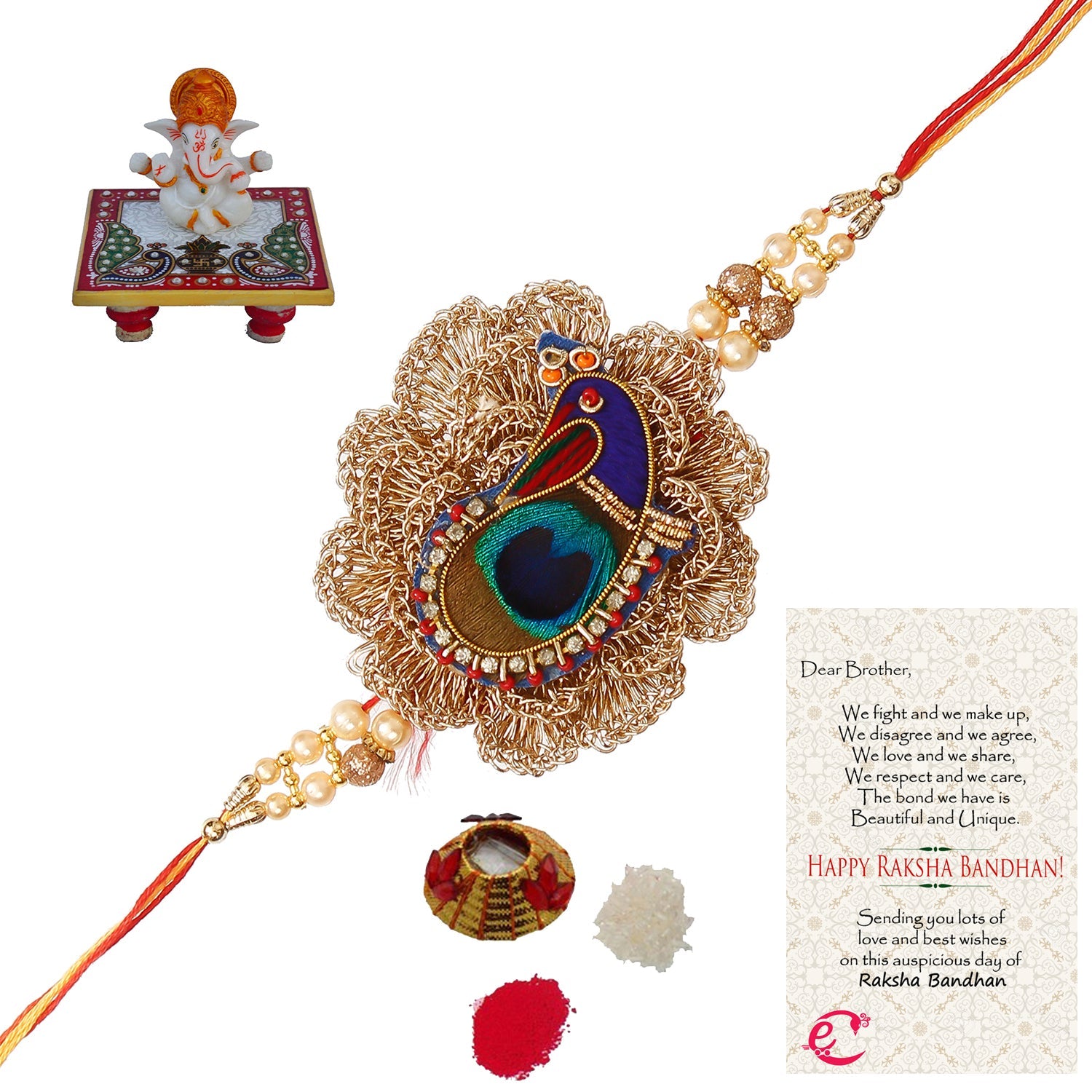 Designer Peacock Rakhi with Lord Ganesha Marble Chowki and Roli Tikka Matki, Best Wishes Greeting Card Kafalo