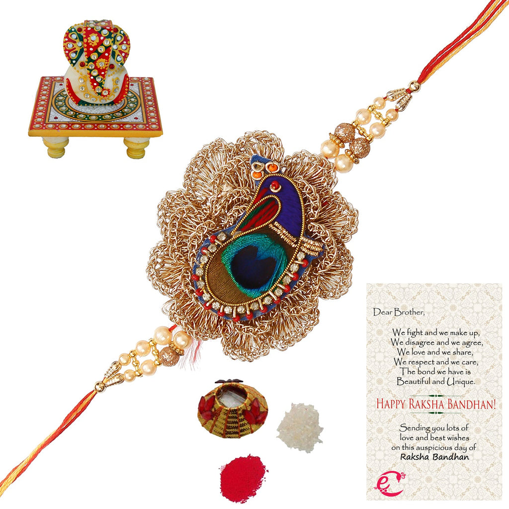 Designer Peacock Rakhi with Lord Ganesha on Kundan Studded Marble Chowki and Roli Tikka Matki, Best Wishes Greeting Card Kafalo