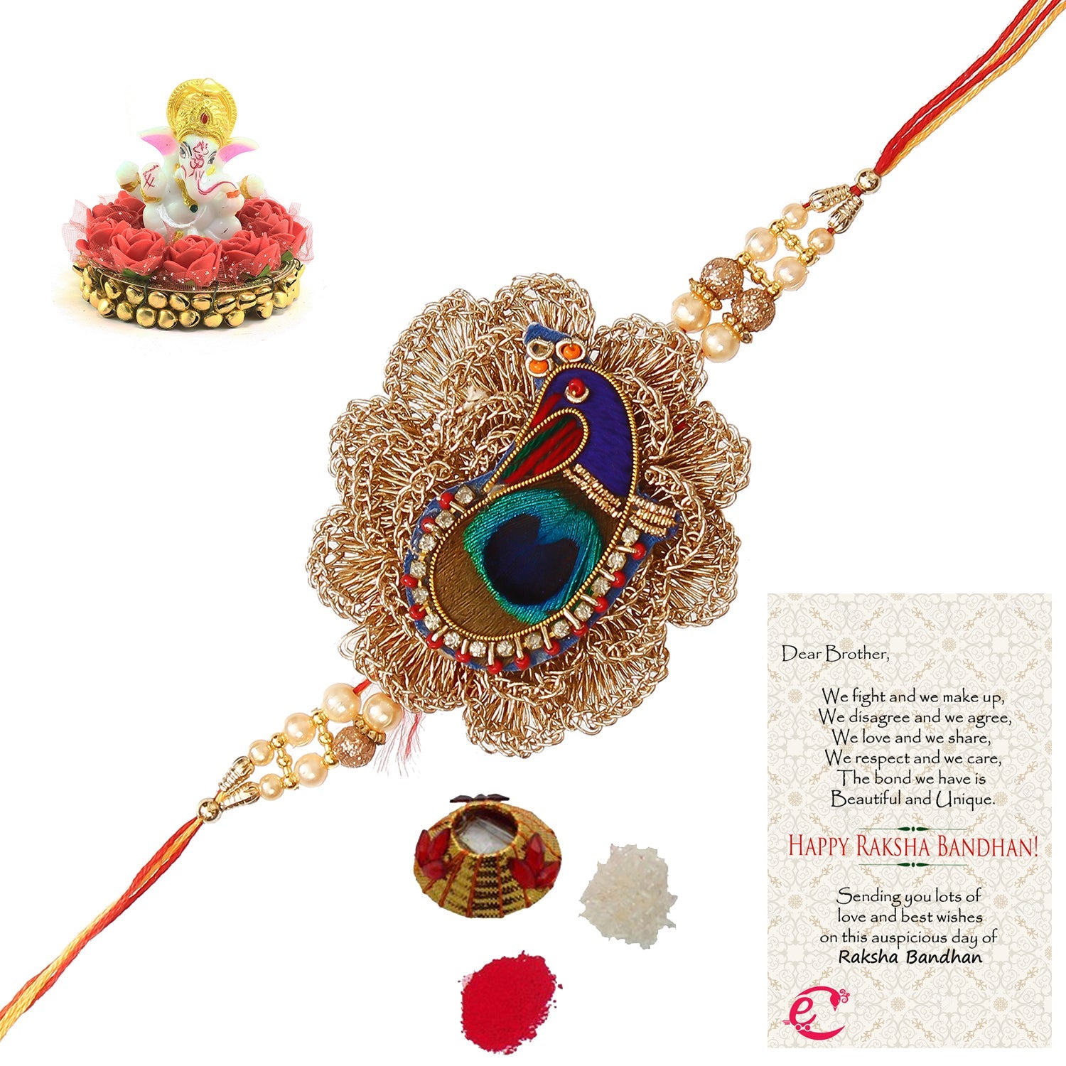 Designer Peacock Rakhi with Lord Ganesha Idol on Decorative Plate for Car & Home and Roli Tikka Matki, Best Wishes Greeting Card Kafalo