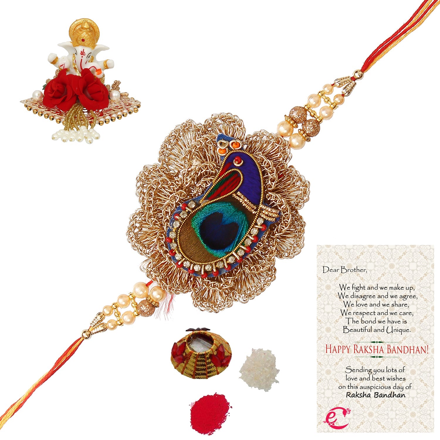 Designer Peacock Rakhi with Lord Ganesha Idol on Decorative Plate for Car & Home and Roli Tikka Matki, Best Wishes Greeting Card Kafalo
