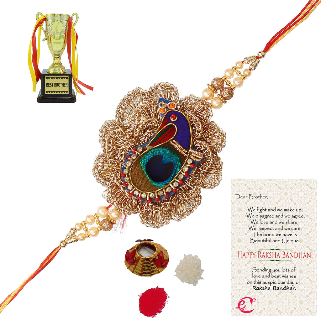 Designer Peacock Rakhi with Best Brother Trophy and Roli Tikka Matki, Best Wishes Greeting Card Kafalo