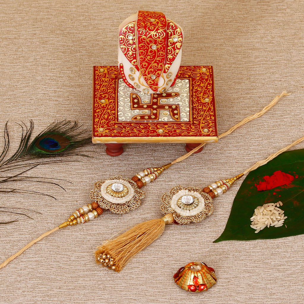 Designer Bhaiya Bhabhi Rakhi with Ridhi Sidhi Marble chowki and Roli Tikka Matki Kafalo