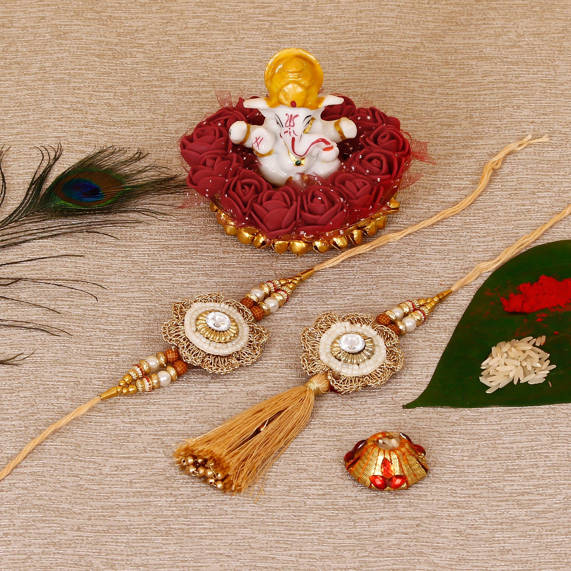 Designer Bhaiya Bhabhi Rakhi with Lord Ganesha Idol on Decorative Plate for Car & Home and Roli Tikka Matki Kafalo