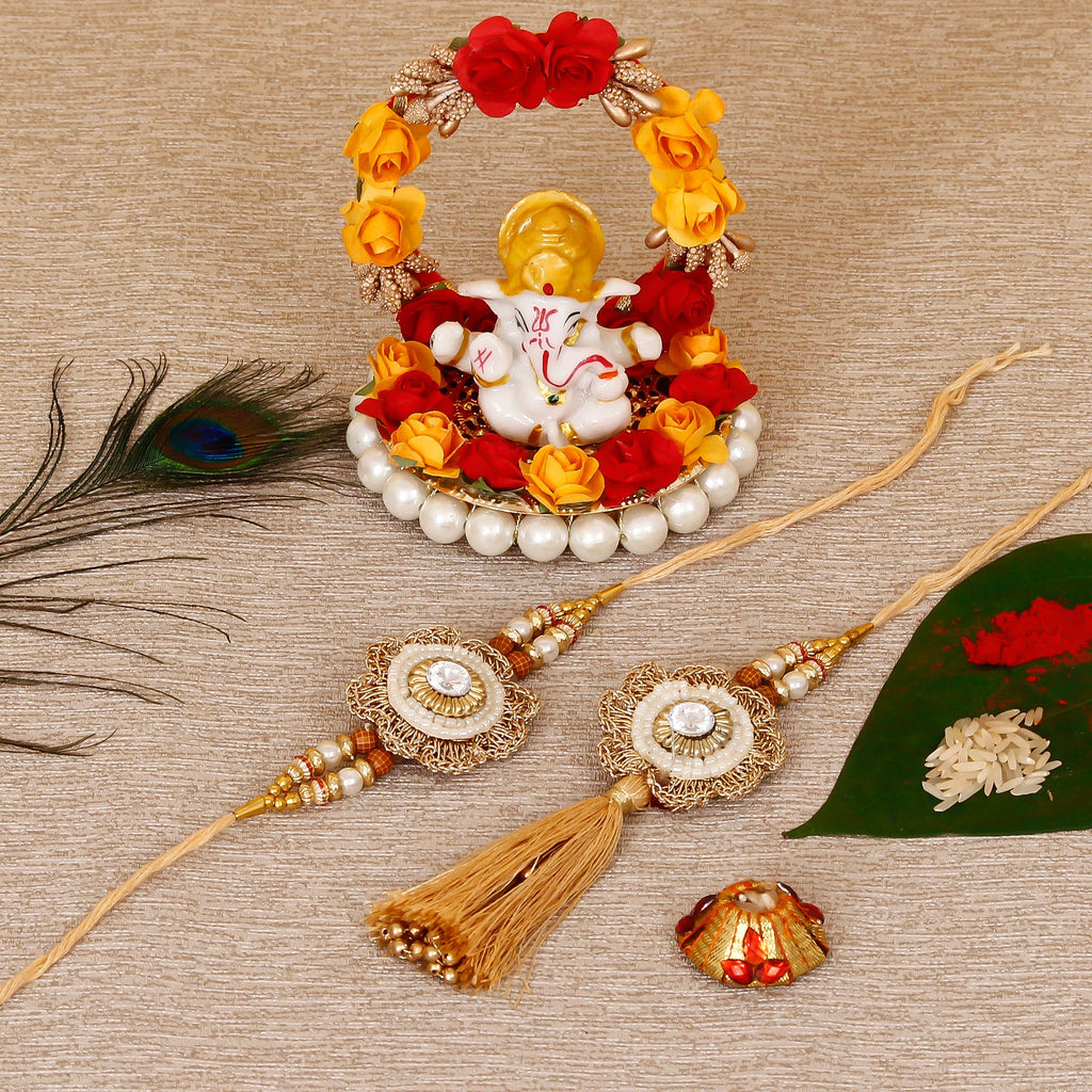 Designer Bhaiya Bhabhi Rakhi with Lord Ganesha Idol on Decorative Plate for Car & Home and Roli Tikka Matki Kafalo