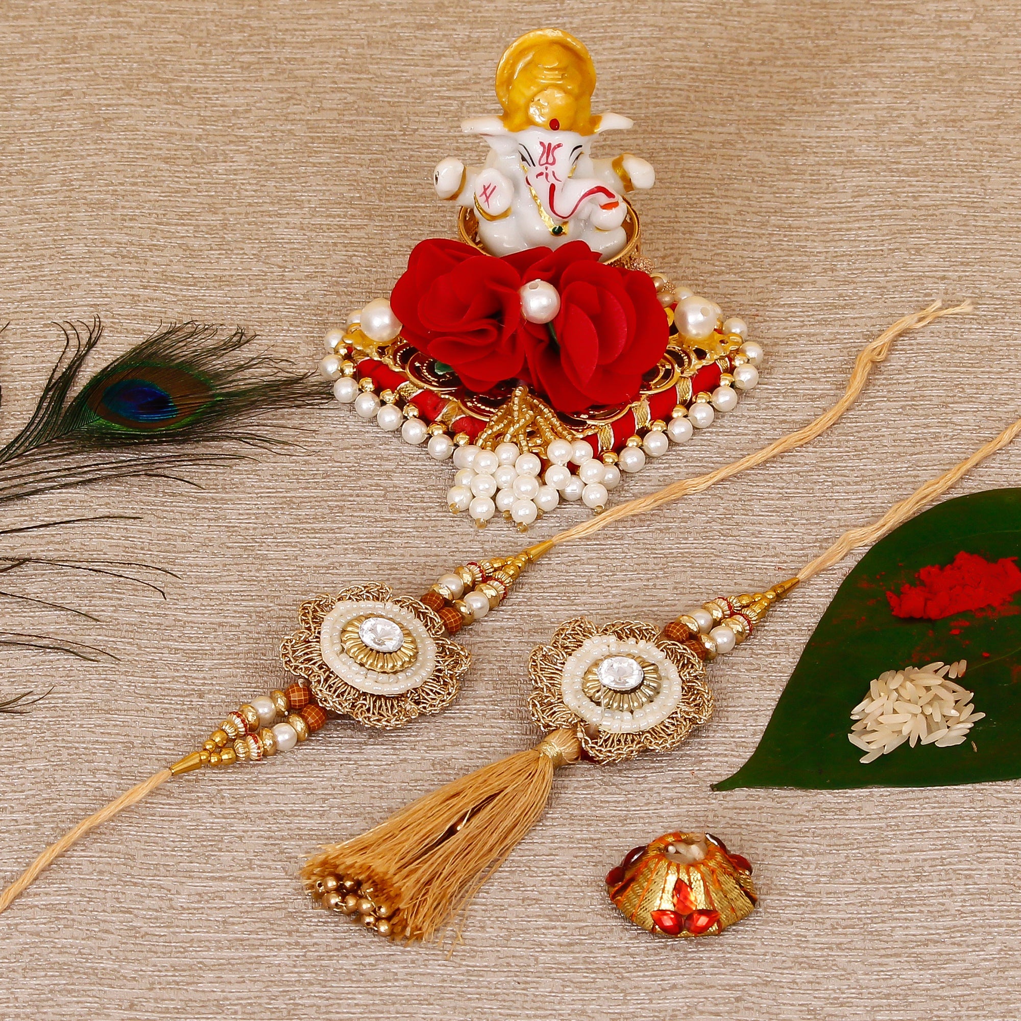 Designer Bhaiya Bhabhi Rakhi with Lord Ganesha Idol on Decorative Plate for Car & Home and Roli Tikka Matki Kafalo