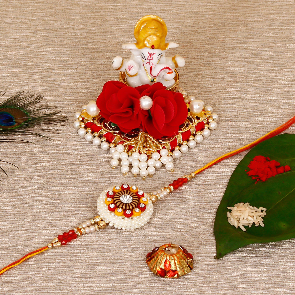Designer Rakhi with Lord Ganesha Idol on Decorative Plate for Car & Home and Roli Tikka Matki Kafalo