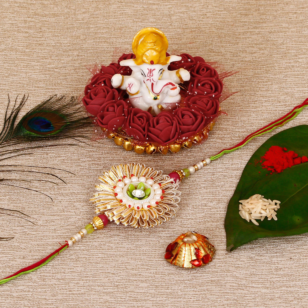 Designer Rakhi with Lord Ganesha Idol on Decorative Plate for Car & Home and Roli Tikka Matki Kafalo