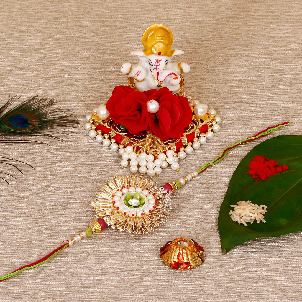 Designer Rakhi with Lord Ganesha Idol on Decorative Plate for Car & Home and Roli Tikka Matki Kafalo