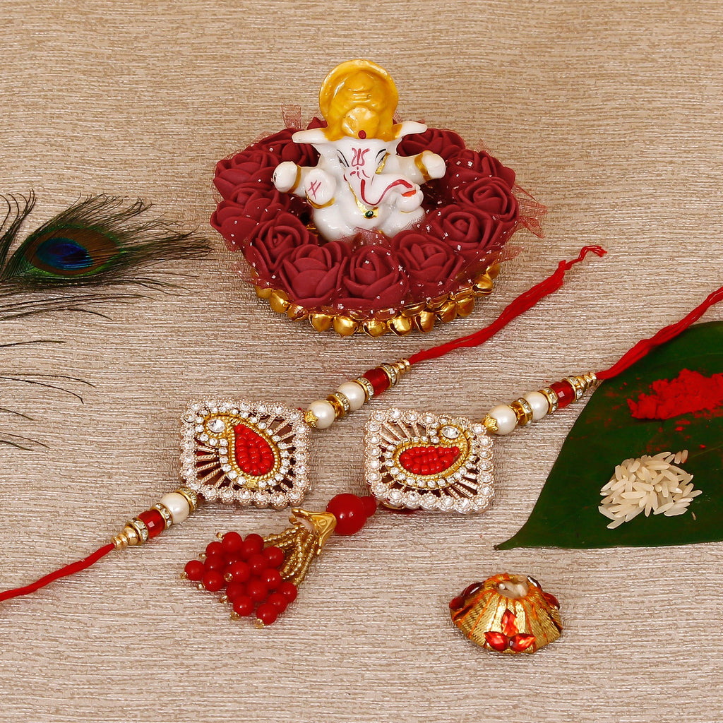 Designer Bhaiya Bhabhi Rakhi with Lord Ganesha Idol on Decorative Plate for Car & Home and Roli Tikka Matki Kafalo
