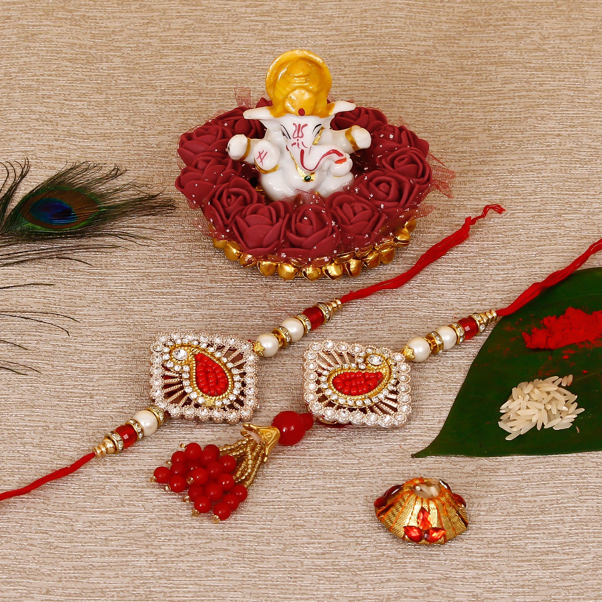 Designer Bhaiya Bhabhi Rakhi with Lord Ganesha Idol on Decorative Plate for Car & Home and Roli Tikka Matki Kafalo