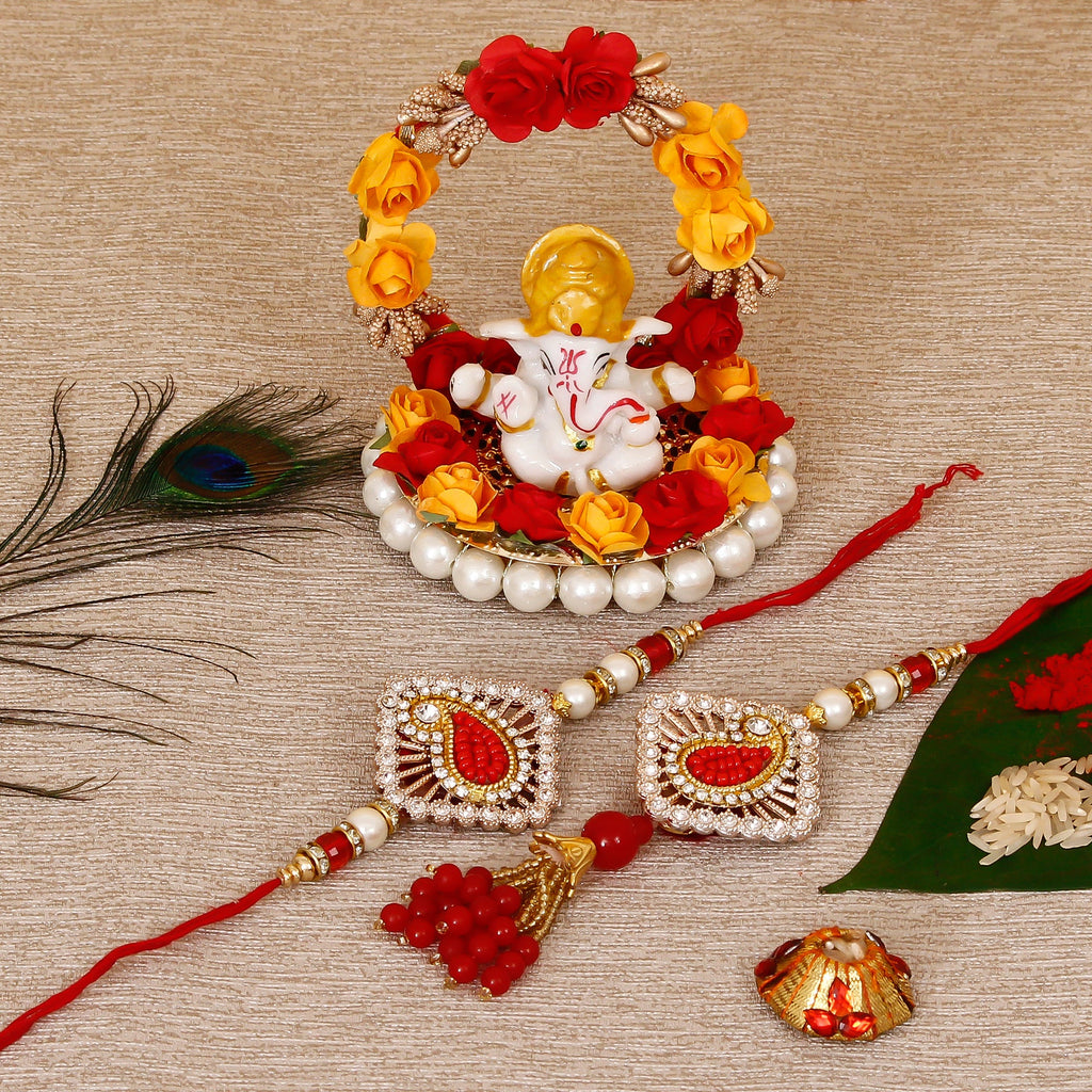 Designer Bhaiya Bhabhi Rakhi with Lord Ganesha Idol on Decorative Plate for Car & Home and Roli Tikka Matki Kafalo