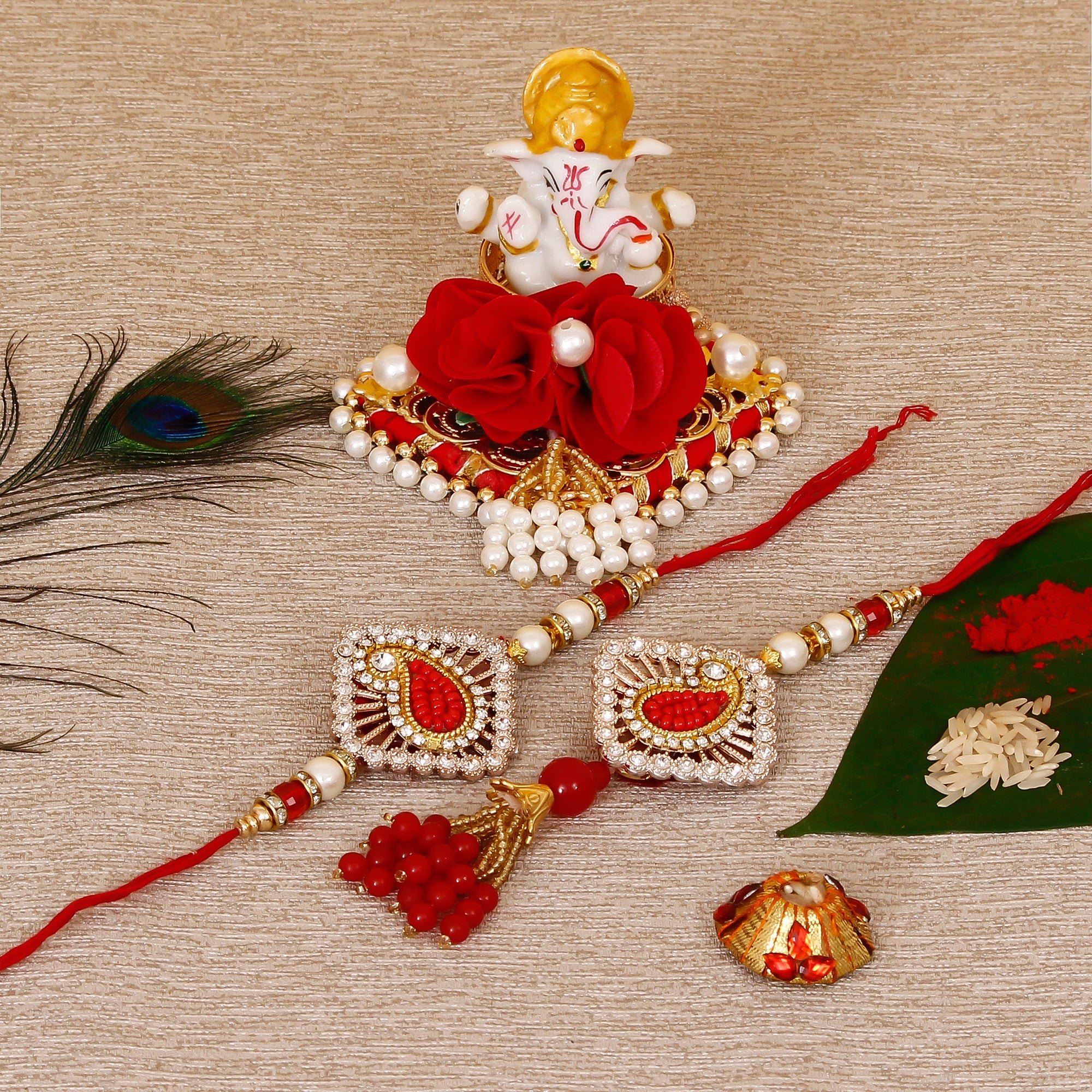 Designer Bhaiya Bhabhi Rakhi with Lord Ganesha Idol on Decorative Plate for Car & Home and Roli Tikka Matki Kafalo