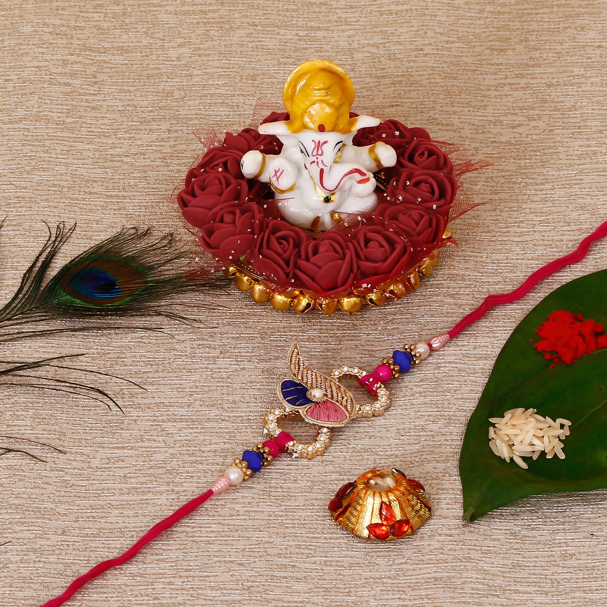 Designer Rakhi with Lord Ganesha Idol on Decorative Plate for Car & Home and Roli Tikka Matki Kafalo
