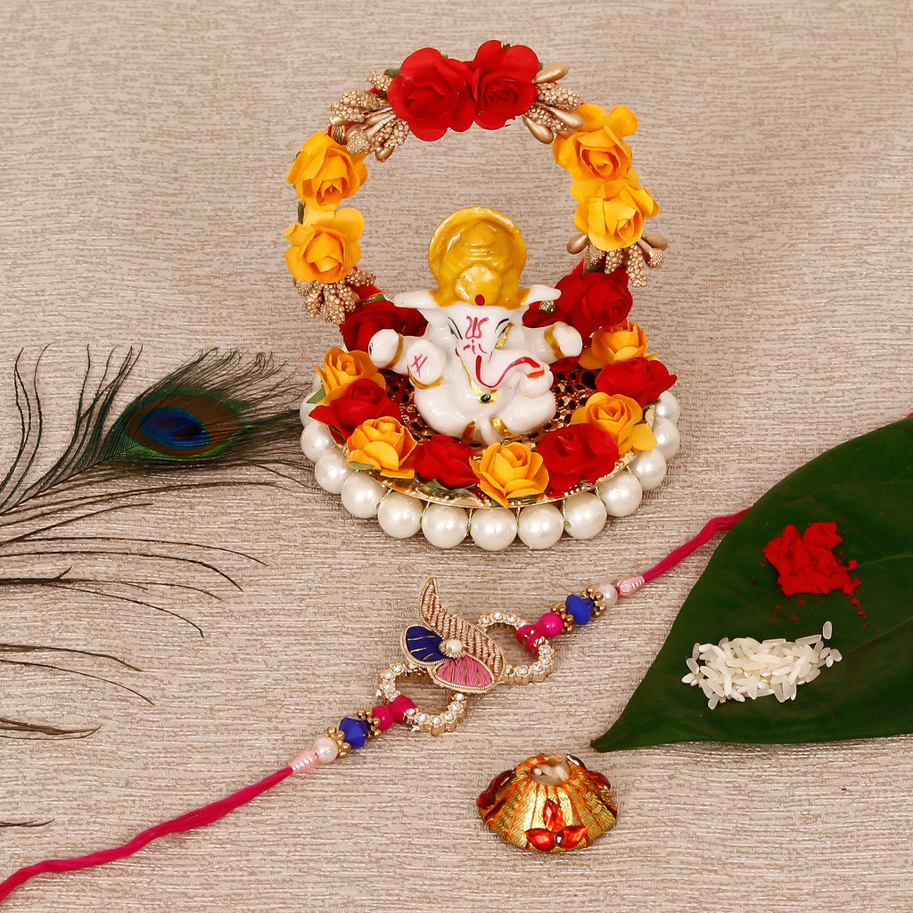 Designer Rakhi with Lord Ganesha Idol on Decorative Plate for Car & Home and Roli Tikka Matki Kafalo