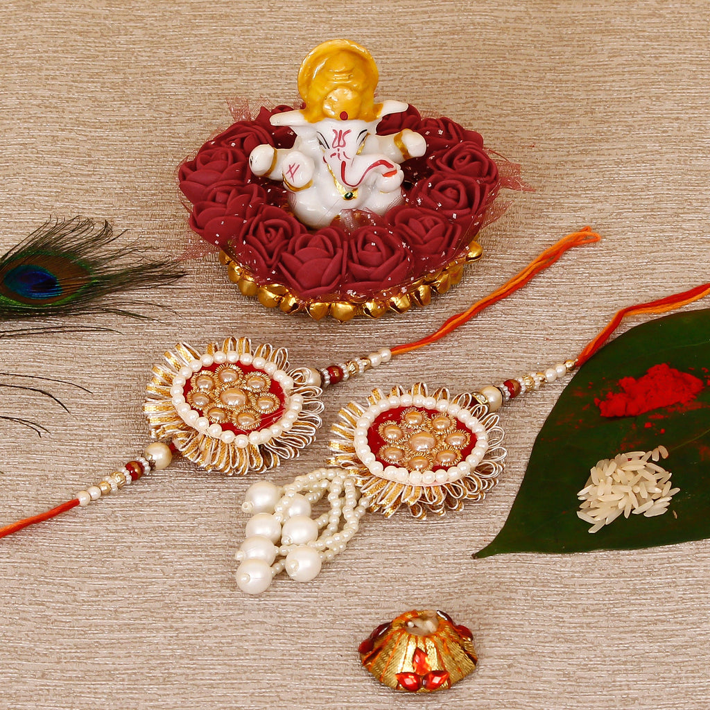 Designer Bhaiya Bhabhi Rakhi with Lord Ganesha Idol on Decorative Plate for Car & Home and Roli Tikka Matki Kafalo