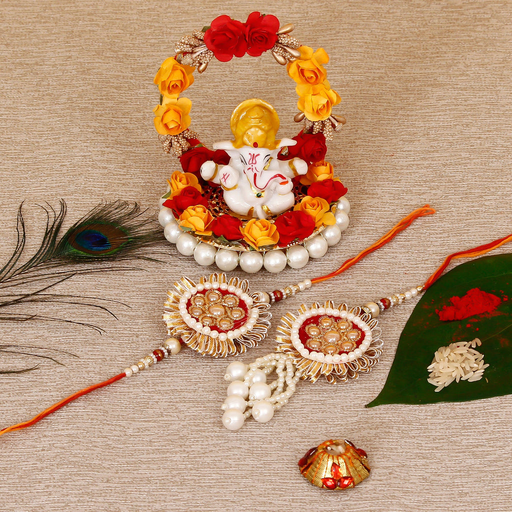 Designer Bhaiya Bhabhi Rakhi with Lord Ganesha Idol on Decorative Plate for Car & Home and Roli Tikka Matki Kafalo