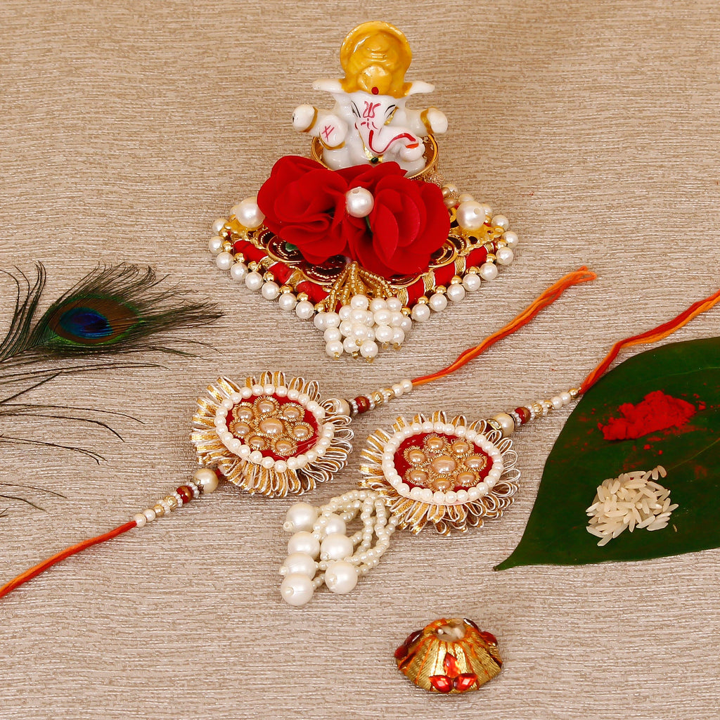Designer Bhaiya Bhabhi Rakhi with Lord Ganesha Idol on Decorative Plate for Car & Home and Roli Tikka Matki Kafalo