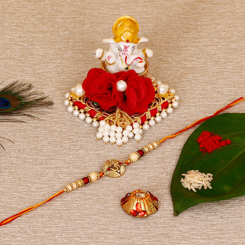 Designer OM Rakhi with Lord Ganesha Idol on Decorative Plate for Car & Home and Roli Tikka Matki Kafalo