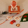Designer Bhaiya Bhabhi Rakhi with Ridhi Sidhi Marble chowki and Roli Tikka Matki Kafalo