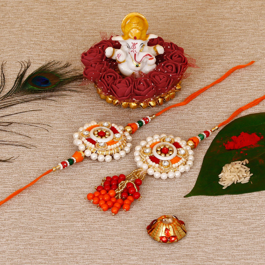 Designer Bhaiya Bhabhi Rakhi with Lord Ganesha Idol on Decorative Plate for Car & Home and Roli Tikka Matki Kafalo