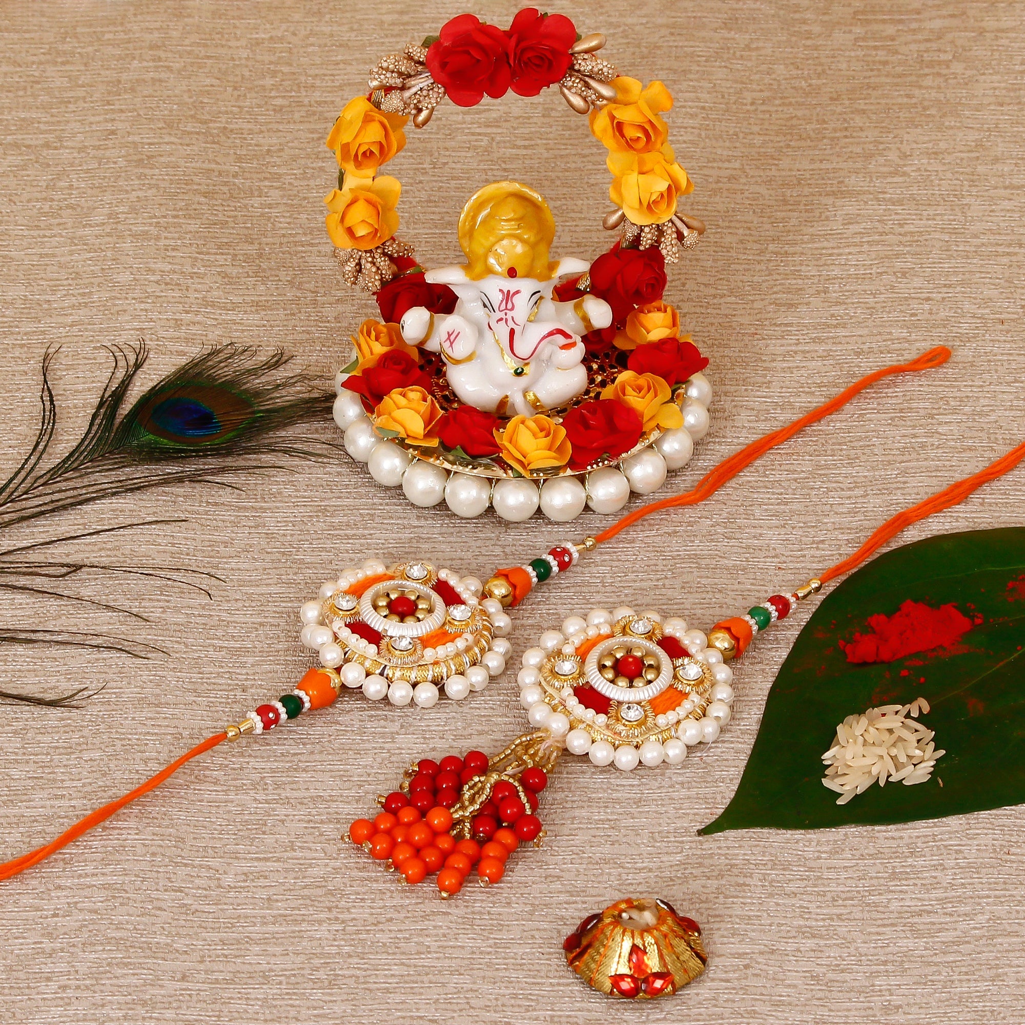 Designer Bhaiya Bhabhi Rakhi with Lord Ganesha Idol on Decorative Plate for Car & Home and Roli Tikka Matki Kafalo