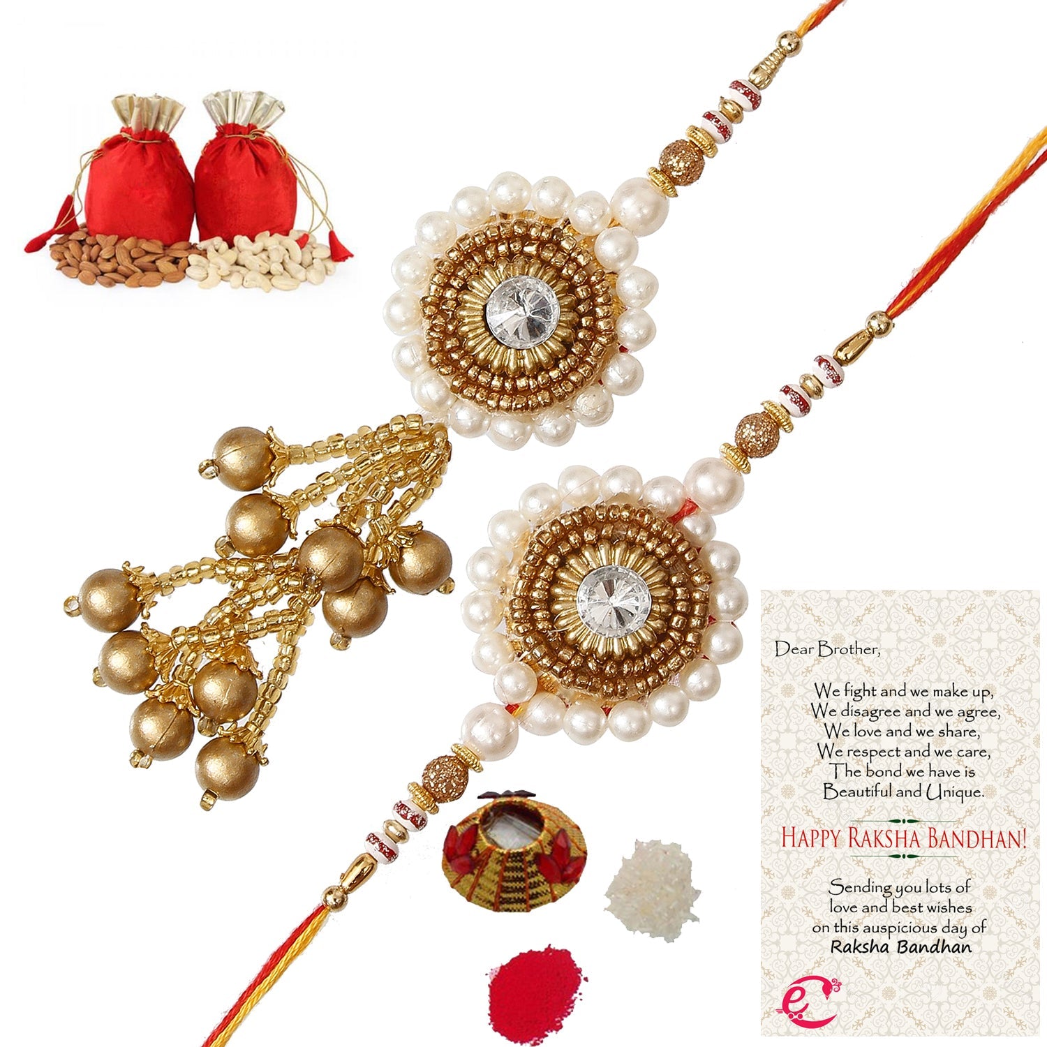 Designer Bhaiya Bhabhi Rakhi with Badam and Cashew (200 gm each, total 400 gm) and Roli Tikka Matki, Best Wishes Greeting Card Kafalo