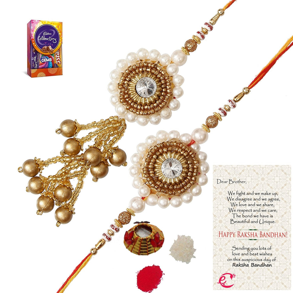 Designer Bhaiya Bhabhi Rakhi with Cadbury Celebrations Gift Pack of 5 Assorted Chocolates and Roli Tikka Matki, Best Wishes Greeting Card Kafalo
