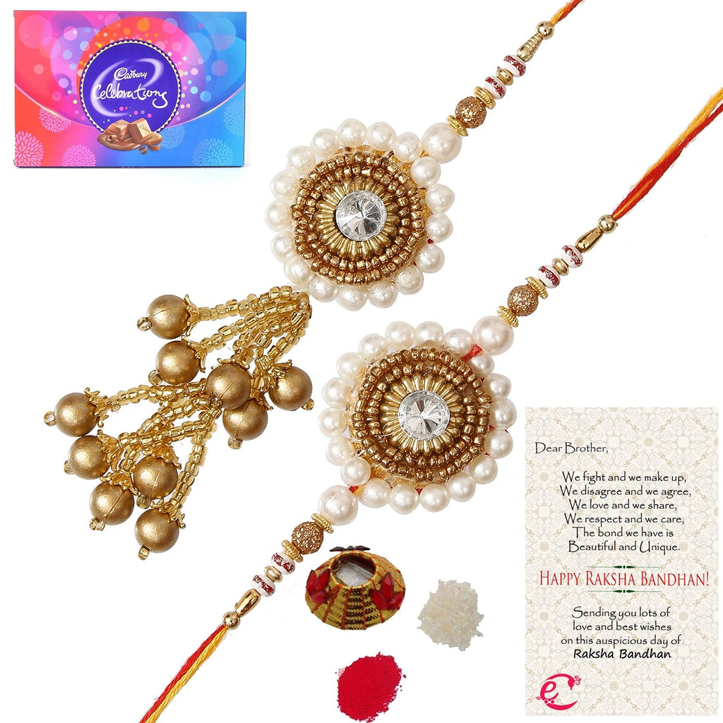 Designer Bhaiya Bhabhi Rakhi with Cadbury Celebrations Gift Pack of 11 Assorted Chocolates and Roli Tikka Matki, Best Wishes Greeting Card Kafalo