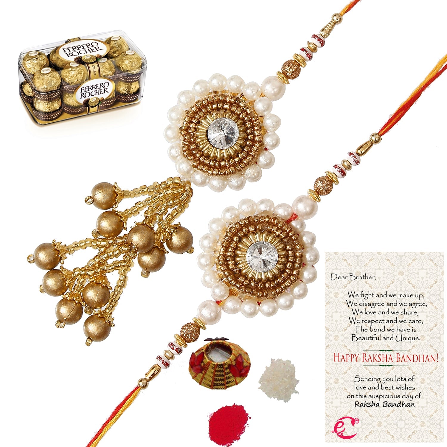 Designer Bhaiya Bhabhi Rakhi with Ferrero Rocher (16 pcs) and Roli Tikka Matki, Best Wishes Greeting Card Kafalo