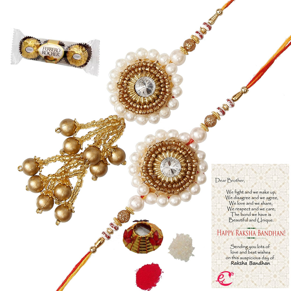 Designer Bhaiya Bhabhi Rakhi with Ferrero Rocher (3 pcs) and Roli Tikka Matki, Best Wishes Greeting Card Kafalo