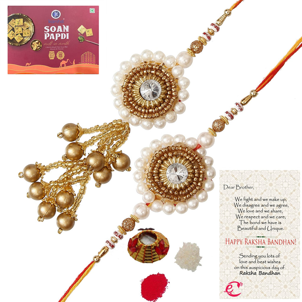 Designer Bhaiya Bhabhi Rakhi with Soan Papdi (500 Gm) and Roli Tikka Matki, Best Wishes Greeting Card Kafalo