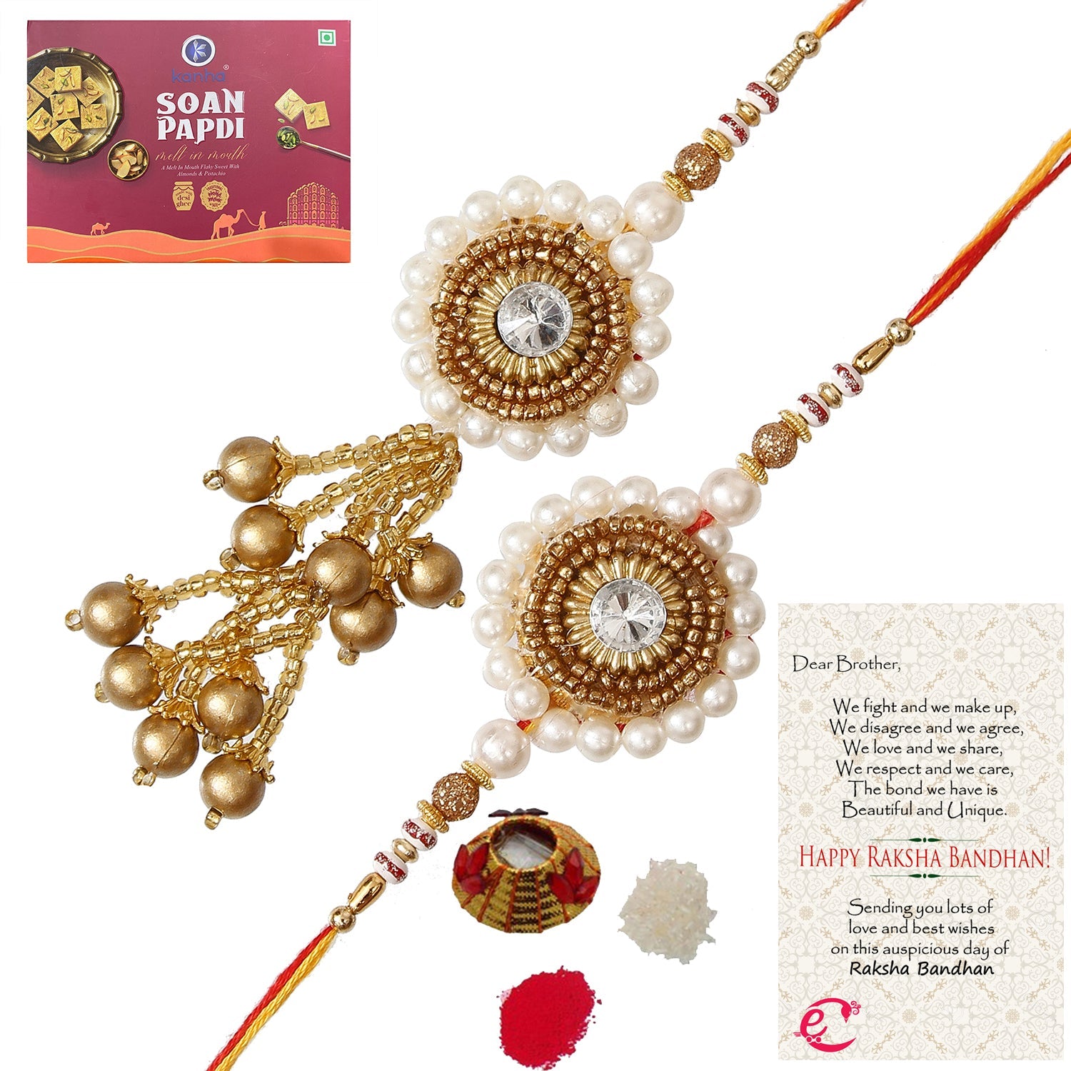 Designer Bhaiya Bhabhi Rakhi with Soan Papdi (500 Gm) and Roli Tikka Matki, Best Wishes Greeting Card Kafalo