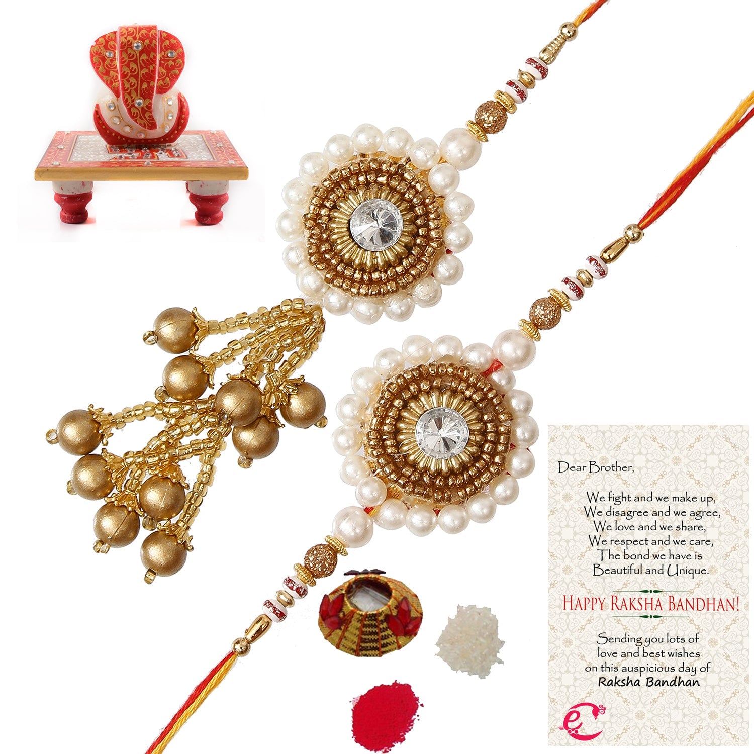 Designer Bhaiya Bhabhi Rakhi with Ridhi Sidhi Marble chowki and Roli Tikka Matki, Best Wishes Greeting Card Kafalo